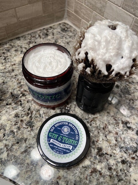Men's Shaving Cream - Gin & Tonic 4oz. | Open Shave Cream & Brush View | Six Shooter Shaving