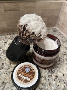 Men's Shaving Cream - Smoke 4oz. | Revolver Badger Brush & Cream View | Six Shooter Shaving