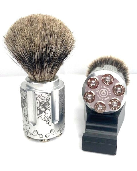 .38 Special Revolver Badger Shave Brush | Gambler | Vertical & On Stand View | Six Shooter Shaving